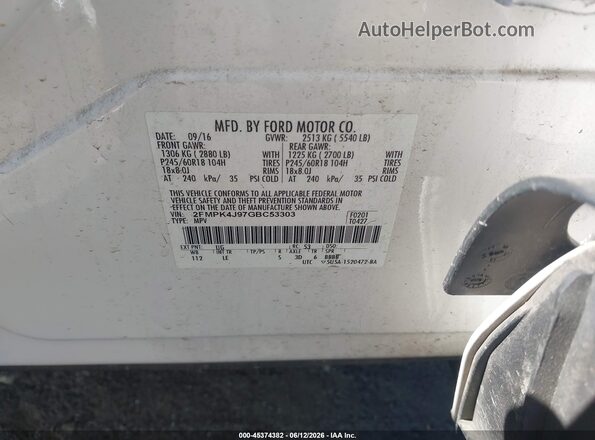 2FMPK4J97GBC53303 2016 FORD EDGE White Շարժիչի բաժամունքի տեսք