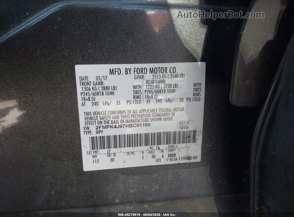 2FMPK4J97HBC01106 2017 FORD EDGE Gray Vista del compartimento del motor