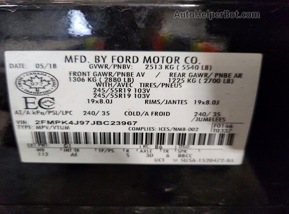 2FMPK4J97JBC23967 2018 FORD EDGE Black Widok naklejki z numerem VIN