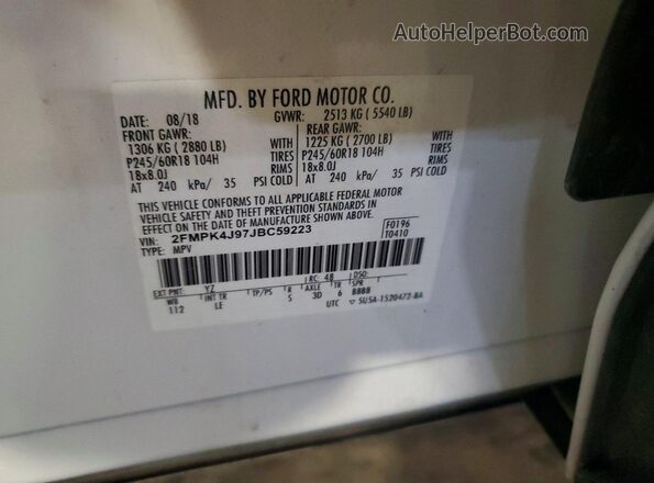 2FMPK4J97JBC59223 2018 FORD EDGE White VIN կոդի պիտակի տեսք