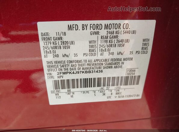 2FMPK4J97KBB31436 2019 FORD EDGE Red Engine compartment view