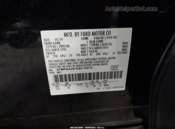 2FMPK4J97KBC19015 2019 FORD EDGE Black ძრავის განყოფილების ხედი