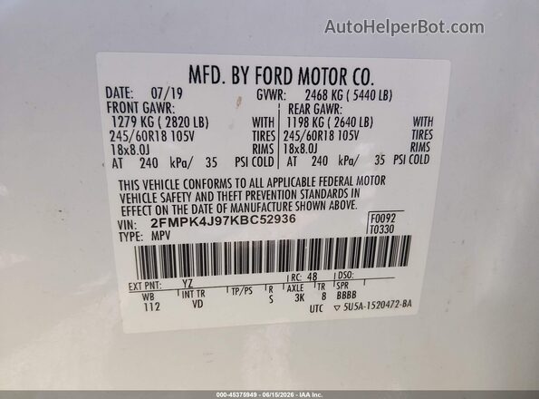 2FMPK4J97KBC52936 2019 FORD EDGE White Շարժիչի բաժամունքի տեսք