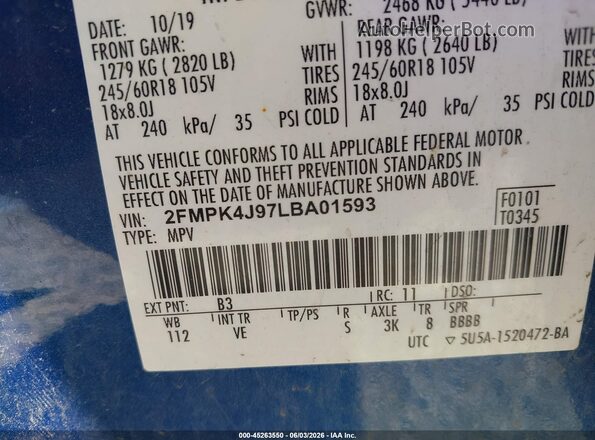 2FMPK4J97LBA01593 2020 FORD EDGE Blue Widok komory silnika