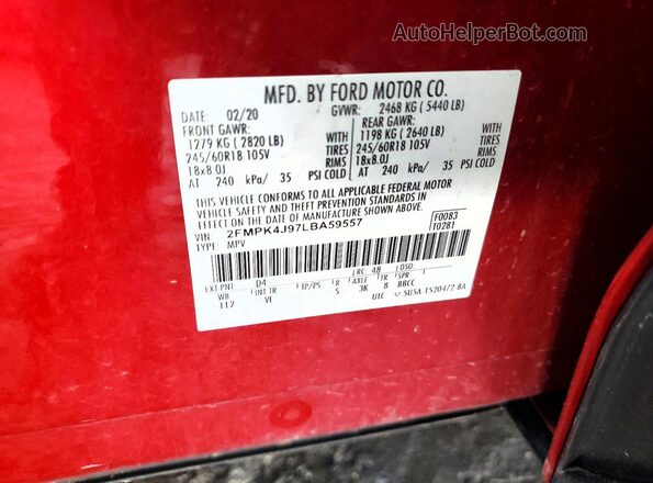 2FMPK4J97LBA59557 2020 FORD EDGE Red Widok naklejki z numerem VIN