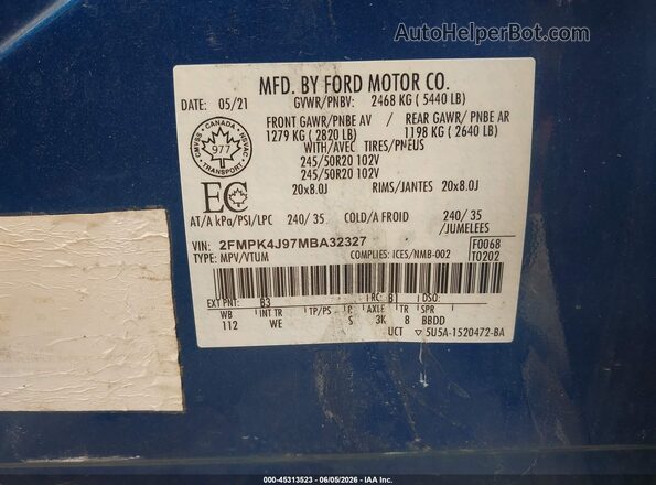 2FMPK4J97MBA32327 2021 FORD EDGE Blue Vista del compartimento del motor