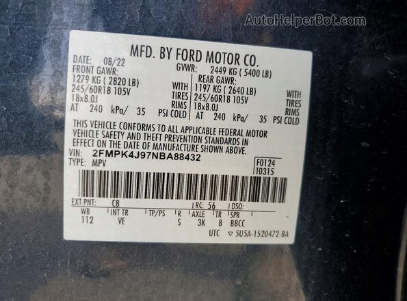 2FMPK4J97NBA88432 2022 FORD EDGE Blue VIN sticker view