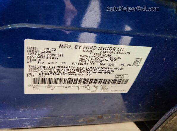 2FMPK4J97NBA92433 2022 FORD EDGE Blue VIN sticker view