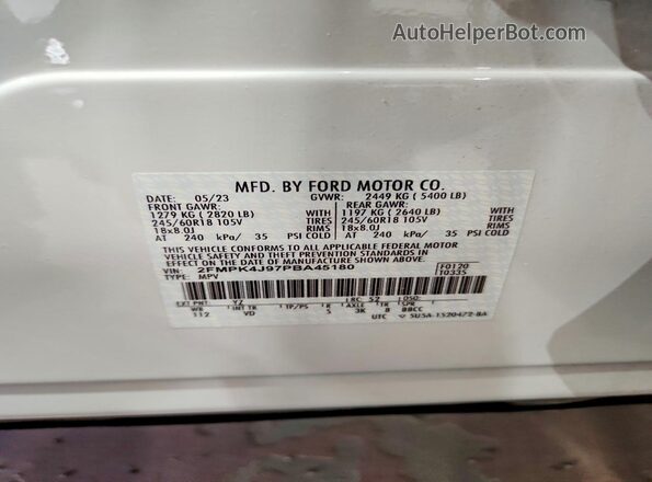 2FMPK4J97PBA45180 2023 FORD EDGE White VIN կոդի պիտակի տեսք