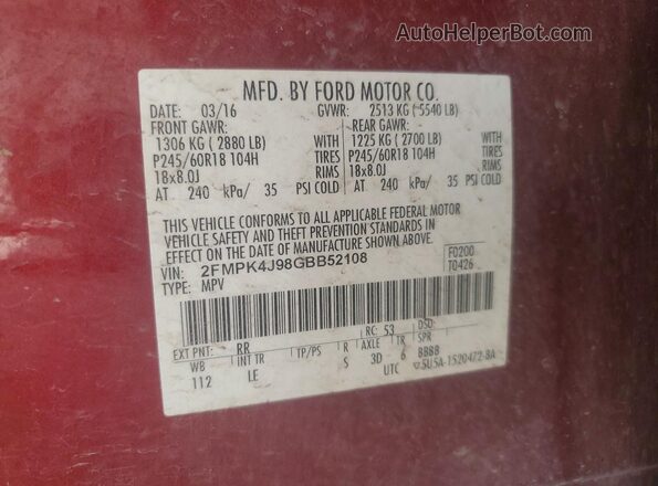 2FMPK4J98GBB52108 2016 FORD EDGE Red VIN կոդի պիտակի տեսք