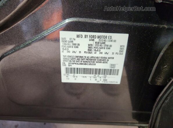 2FMPK4J98GBC25235 2016 FORD EDGE Charcoal VIN კოდის სტიკერის ხედი