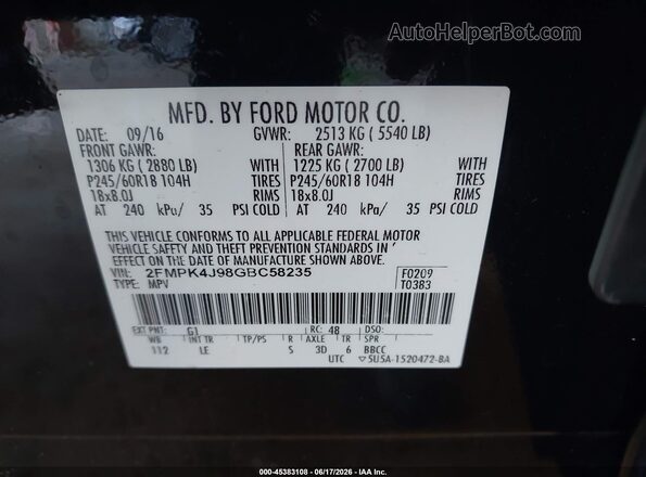 2FMPK4J98GBC58235 2016 FORD EDGE Black Vista del compartimento del motor