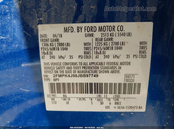 2FMPK4J98JBB97749 2018 FORD EDGE Blue 
