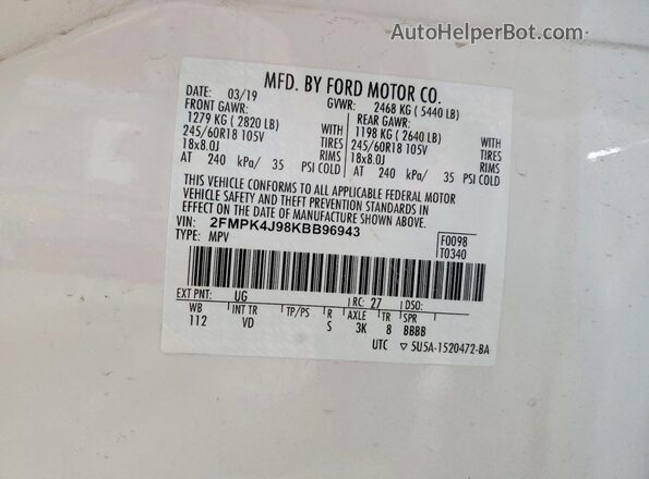 2FMPK4J98KBB96943 2019 FORD EDGE White Vista de la etiqueta del VIN