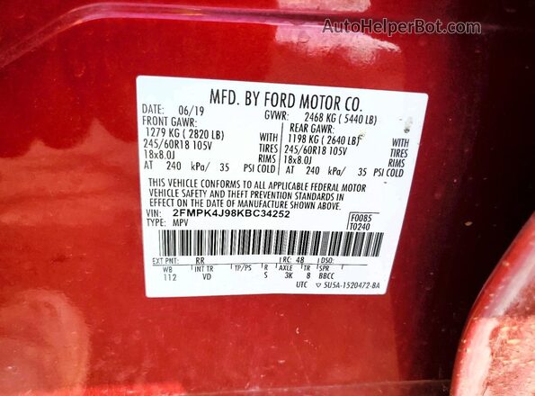 2FMPK4J98KBC34252 2019 FORD EDGE Red 