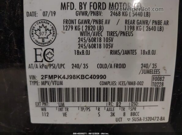 2FMPK4J98KBC40990 2019 FORD EDGE Black Շարժիչի բաժամունքի տեսք