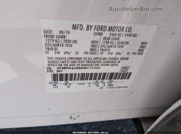 2FMPK4J98KBC73326 2019 FORD EDGE White Engine compartment view