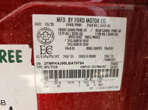 2FMPK4J98LBA79784 2020 FORD EDGE Красный 