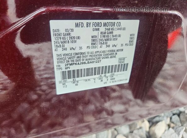 2FMPK4J98LBA81227 2020 FORD EDGE Темно-бордовый Вид наклейки с VIN-кодом