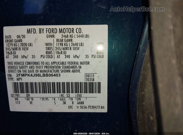 2FMPK4J98LBB06403 2020 FORD EDGE Blue Engine compartment view