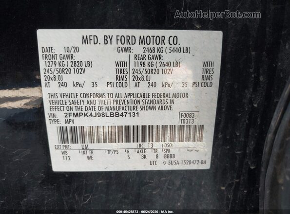 2FMPK4J98LBB47131 2020 FORD EDGE Black Widok komory silnika
