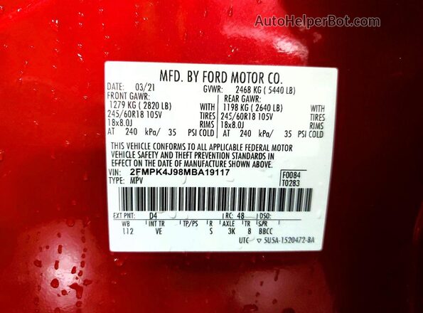 2FMPK4J98MBA19117 2021 FORD EDGE Red Вид підкапотного простору