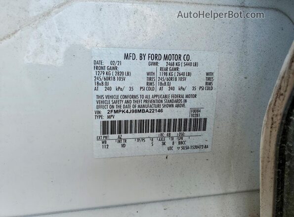 2FMPK4J98MBA22146 2021 FORD EDGE White VIN კოდის სტიკერის ხედი