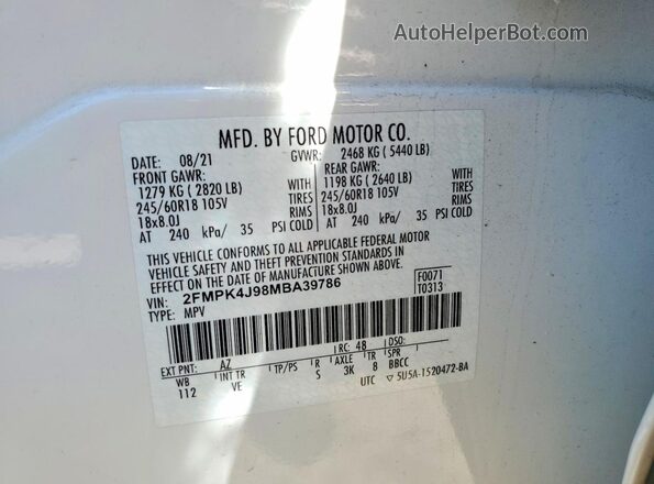 2FMPK4J98MBA39786 2021 FORD EDGE White VIN կոդի պիտակի տեսք