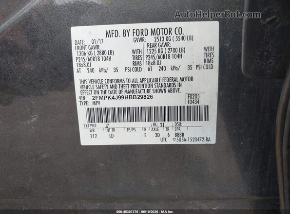 2FMPK4J99HBB29826 2017 FORD EDGE Gray Vista del compartimento del motor
