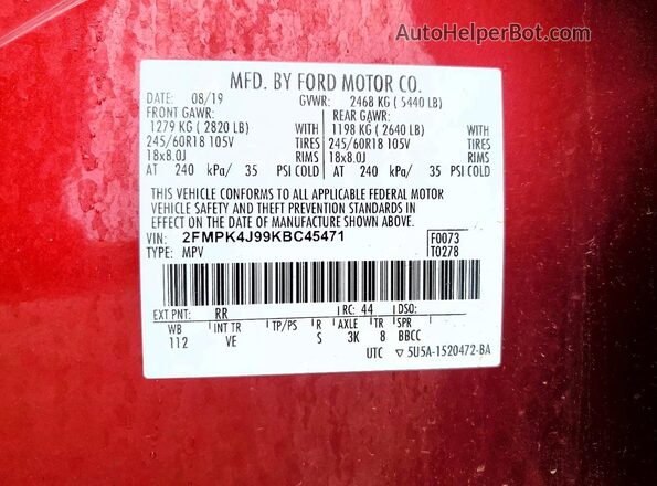 2FMPK4J99KBC45471 2019 FORD EDGE Red Widok naklejki z numerem VIN