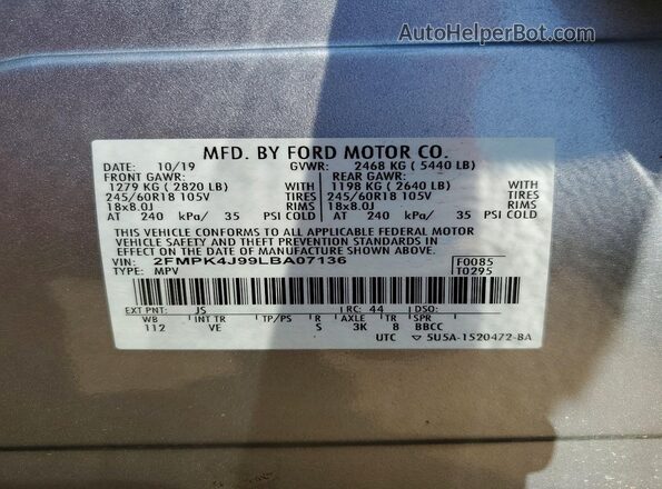 2FMPK4J99LBA07136 2020 FORD EDGE Silver VIN კოდის სტიკერის ხედი