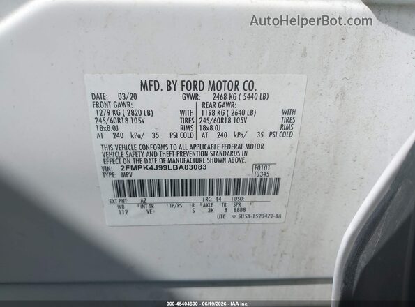 2FMPK4J99LBA83083 2020 FORD EDGE White Շարժիչի բաժամունքի տեսք