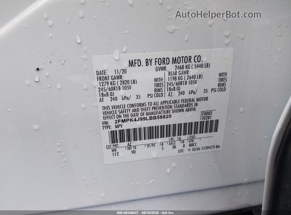 2FMPK4J99LBB58820 2020 FORD EDGE White ძრავის განყოფილების ხედი