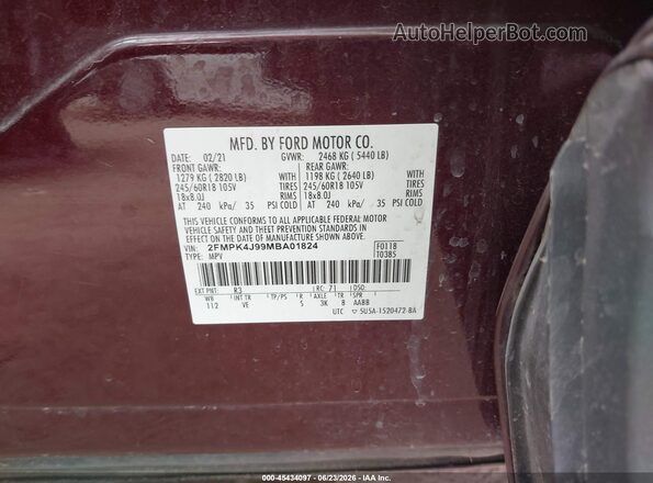 2FMPK4J99MBA01824 2021 FORD EDGE Бордовый Вид подкапотного пространства