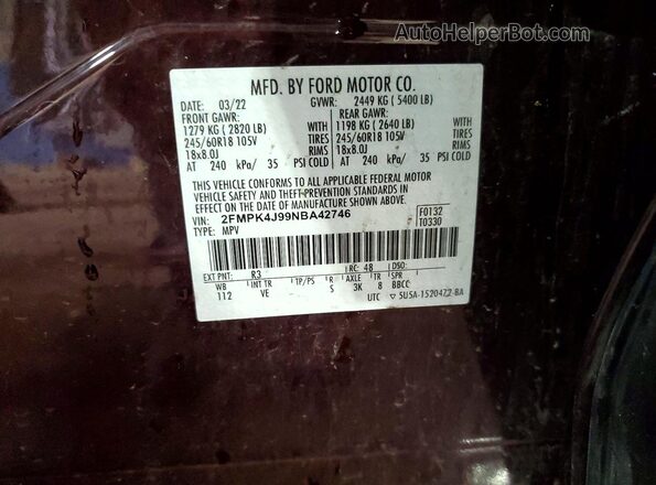 2FMPK4J99NBA42746 2022 FORD EDGE Maroon VIN sticker view