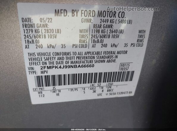 2FMPK4J99NBA66660 2022 FORD EDGE Silver Вид підкапотного простору