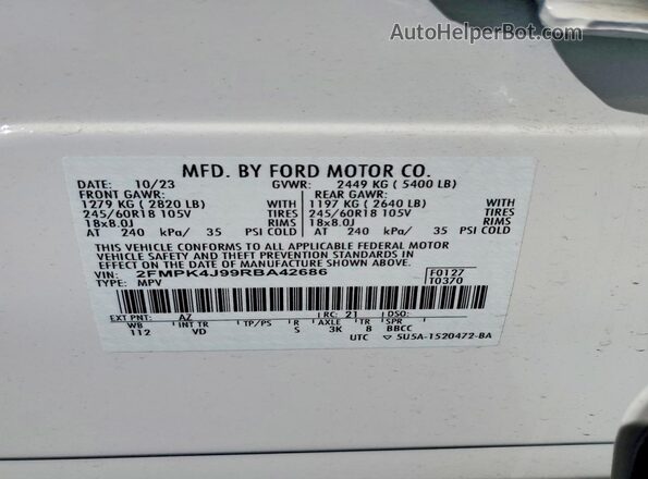 2FMPK4J99RBA42686 2024 FORD EDGE White Widok wnętrza 360 stopni