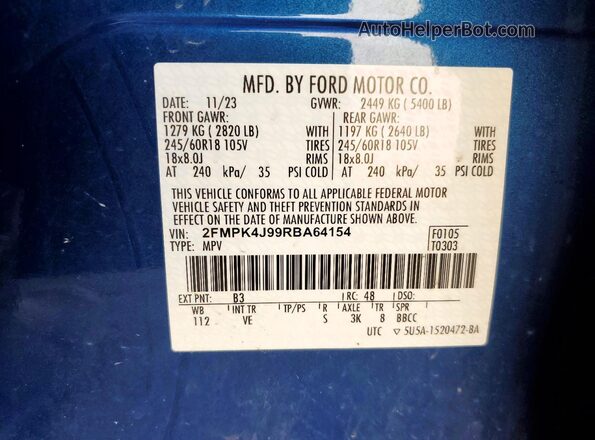 2FMPK4J99RBA64154 2024 FORD EDGE Blue Widok naklejki z numerem VIN