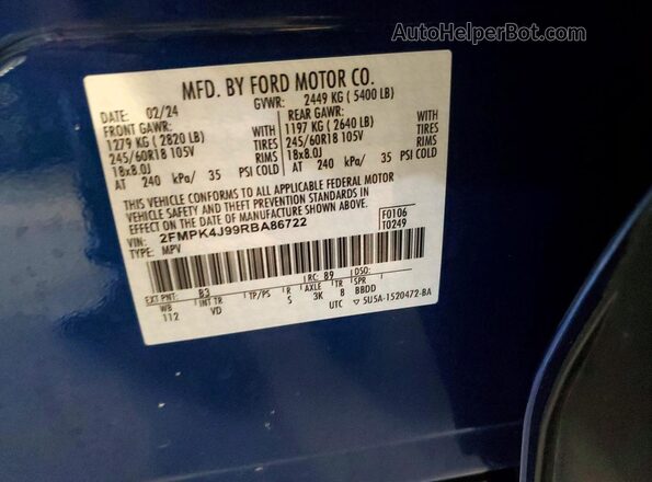 2FMPK4J99RBA86722 2024 FORD EDGE Blue VIN კოდის სტიკერის ხედი