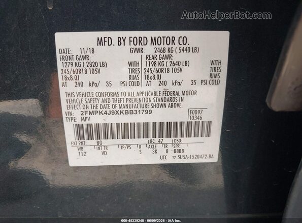 2FMPK4J9XKBB31799 2019 FORD EDGE Blue Вид підкапотного простору