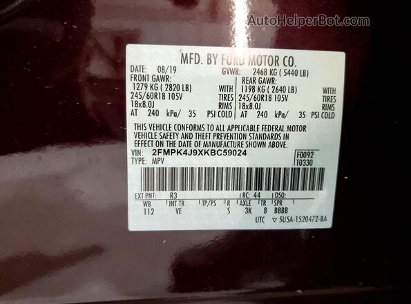 2FMPK4J9XKBC59024 2019 FORD EDGE Burgundy VIN կոդի պիտակի տեսք