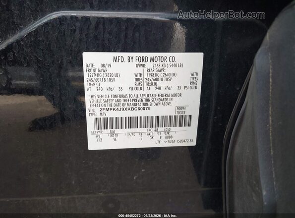 2FMPK4J9XKBC60075 2019 FORD EDGE Black Вид підкапотного простору
