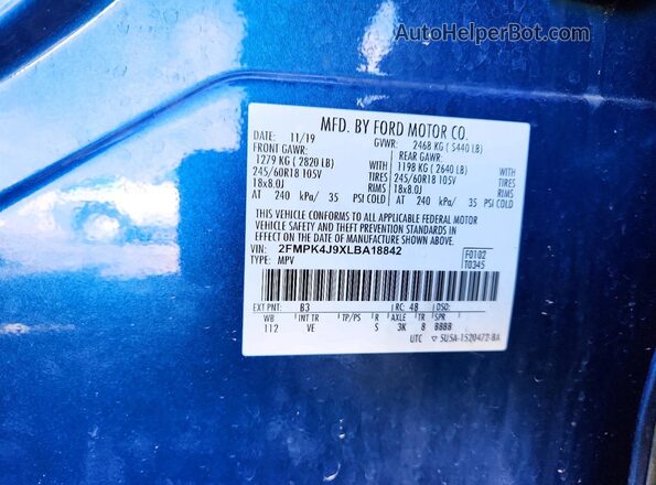 2FMPK4J9XLBA18842 2020 FORD EDGE Blue VIN კოდის სტიკერის ხედი