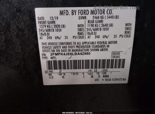 2FMPK4J9XLBA42980 2020 FORD EDGE Gray ძრავის განყოფილების ხედი