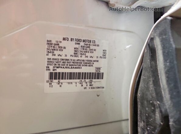 2FMPK4J9XLBA44003 2020 FORD EDGE White VIN sticker view