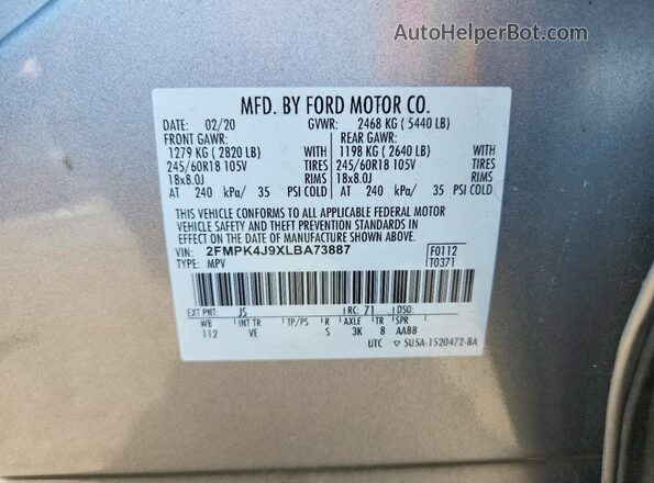 2FMPK4J9XLBA73887 2020 FORD EDGE Серебряный Панорамный вид салона 360°