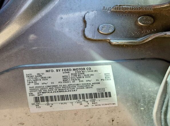 2FMPK4J9XMBA49347 2021 FORD EDGE Gray Vista de la etiqueta del VIN