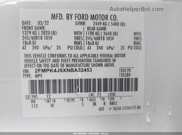2FMPK4J9XNBA32453 2022 FORD EDGE Белый Вид подкапотного пространства