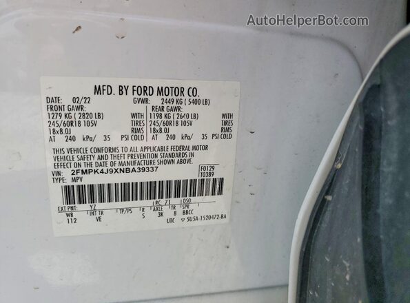 2FMPK4J9XNBA39337 2022 FORD EDGE White VIN კოდის სტიკერის ხედი