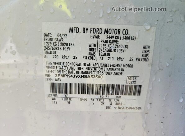 2FMPK4J9XNBA53500 2022 FORD EDGE White Vista de la etiqueta del VIN